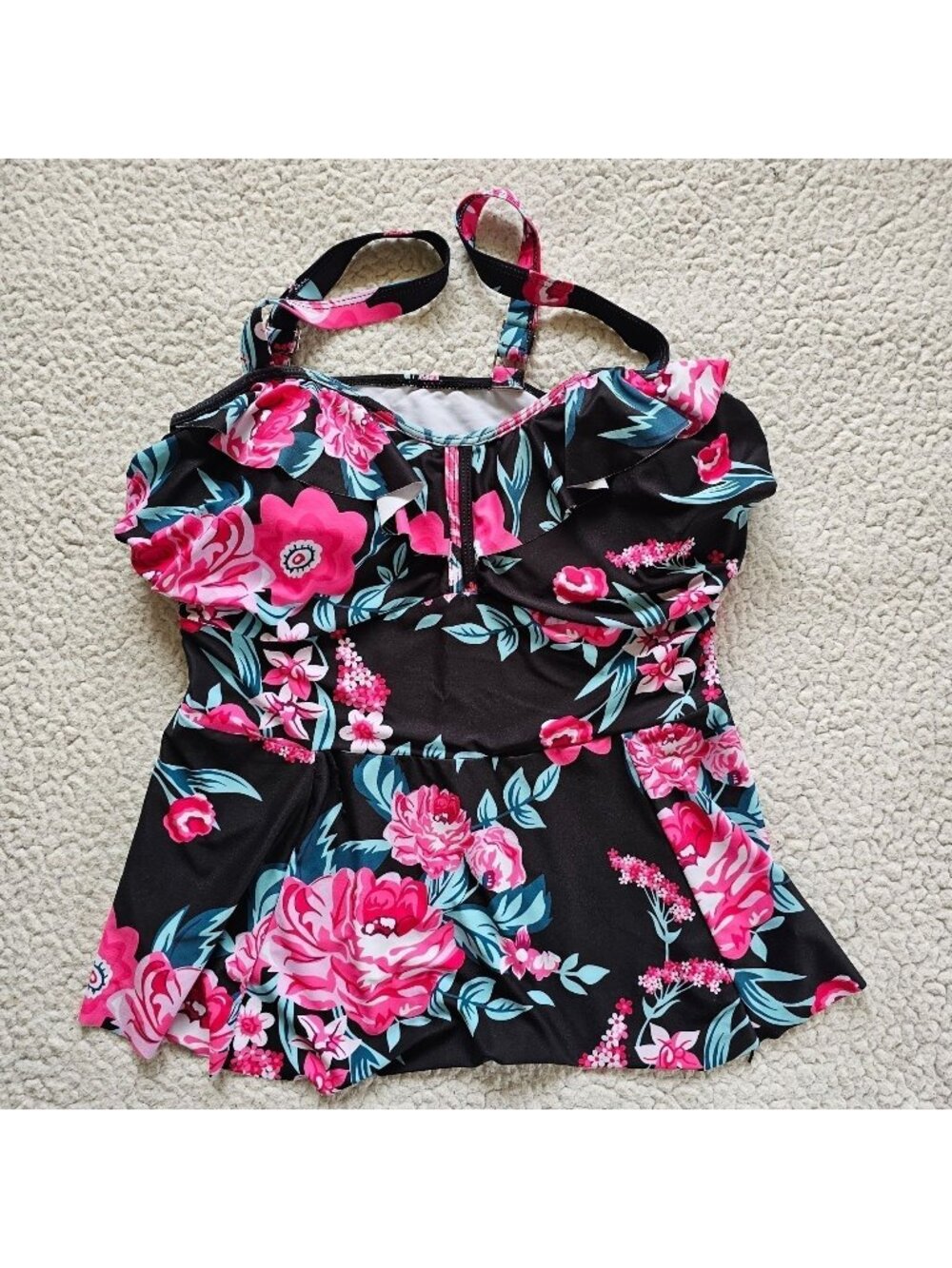 Floral Tankini Swim Top XXL Black Pink Ruffle Adjustable Straps